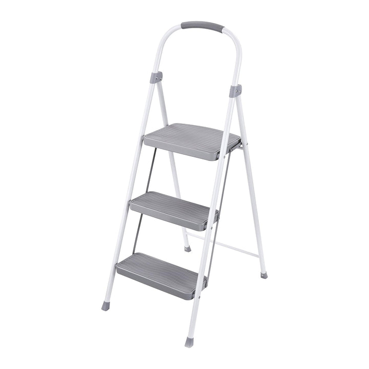 Rubbermaid 3 Step Folding Ladder, Steel Foldable Step Stool w/ Hand Grip, White