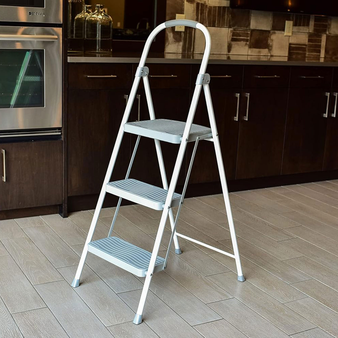 Rubbermaid 3 Step Folding Ladder, Steel Foldable Step Stool w/ Hand Grip, White