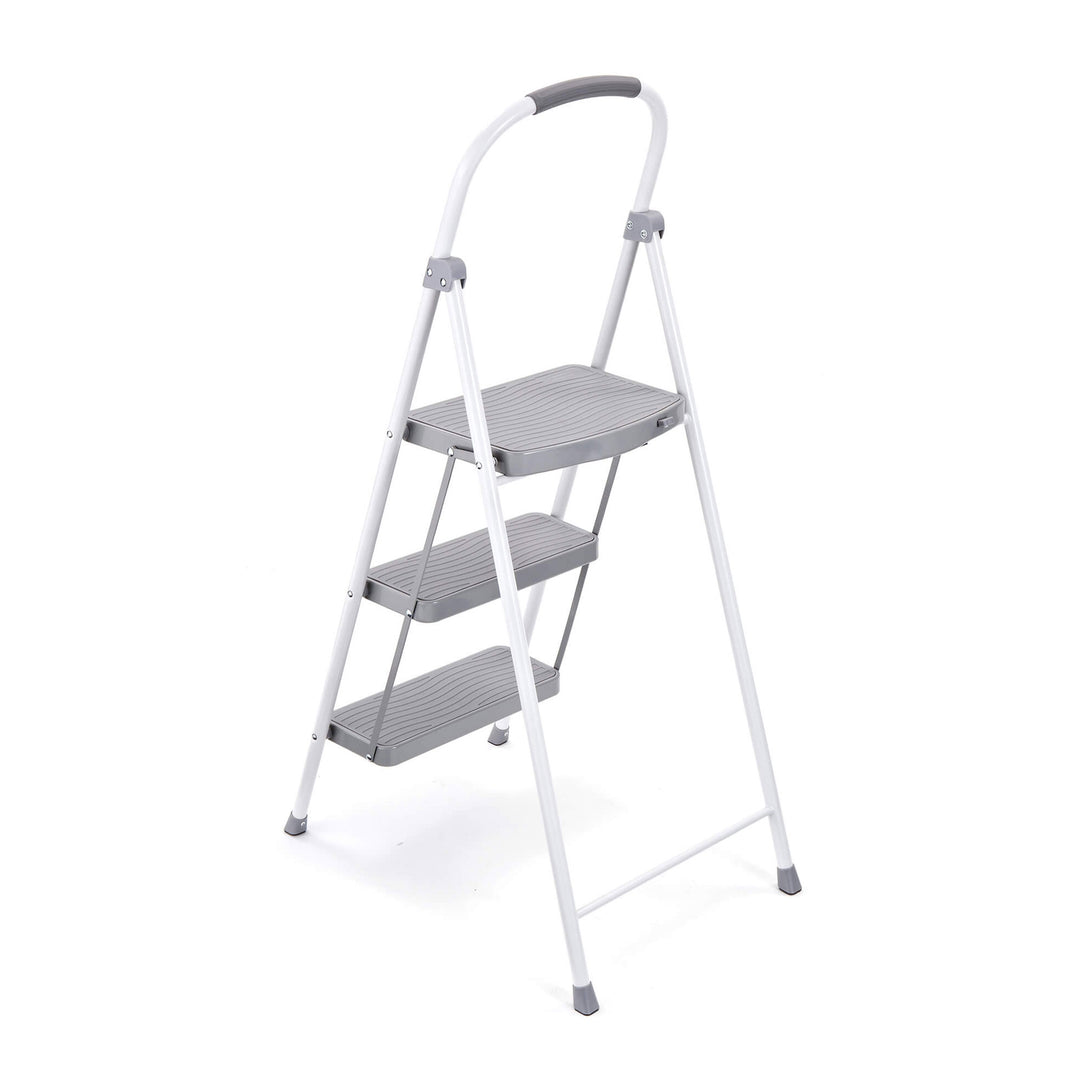 Rubbermaid 3 Step Folding Ladder, Steel Foldable Step Stool w/ Hand Grip, White