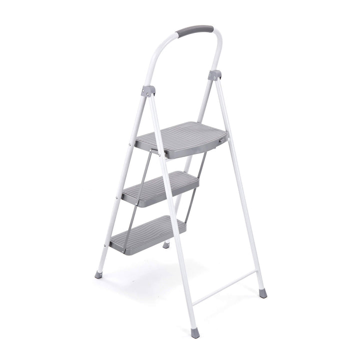 Rubbermaid 3 Step Folding Ladder, Steel Foldable Step Stool w/ Hand Grip, White