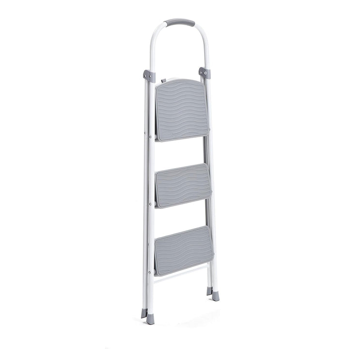 Rubbermaid 3 Step Folding Ladder, Steel Foldable Step Stool w/ Hand Grip, White