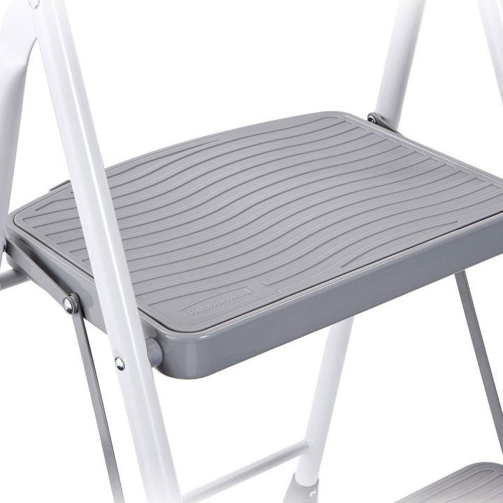 Rubbermaid 3 Step Folding Ladder, Steel Foldable Step Stool w/ Hand Grip, White