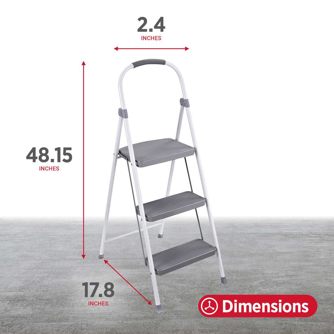 Rubbermaid 3 Step Folding Ladder, Steel Foldable Step Stool w/ Hand Grip, White