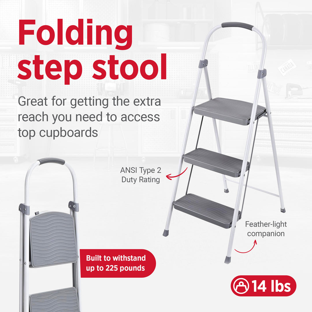 Rubbermaid 3 Step Folding Ladder, Steel Foldable Step Stool w/ Hand Grip, White