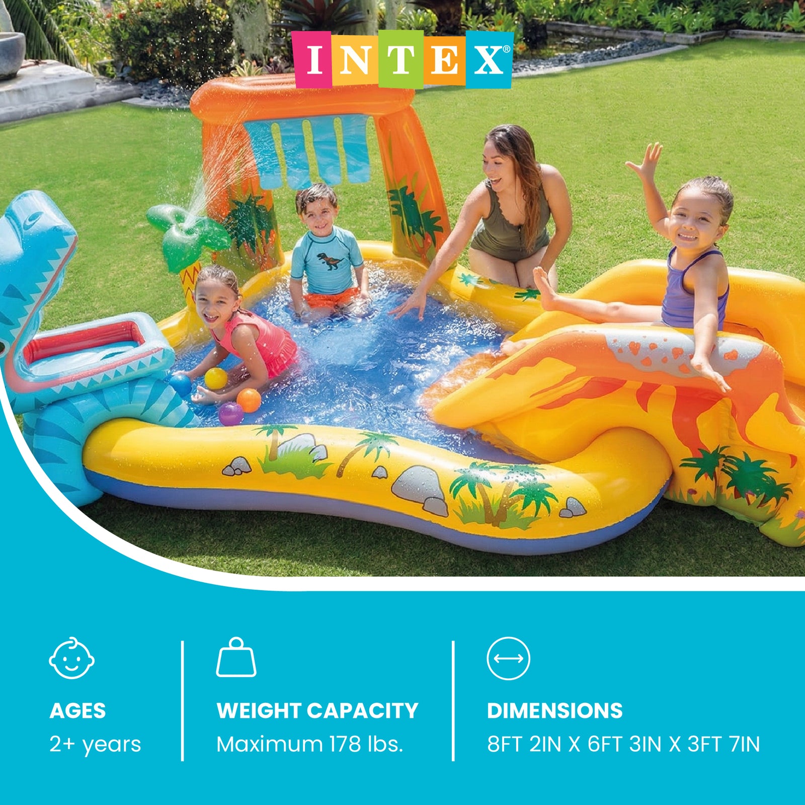 Intex Inflatable Kids Dinosaur Play Center Outdoor Water Park Pool with Slide - VMInnovations