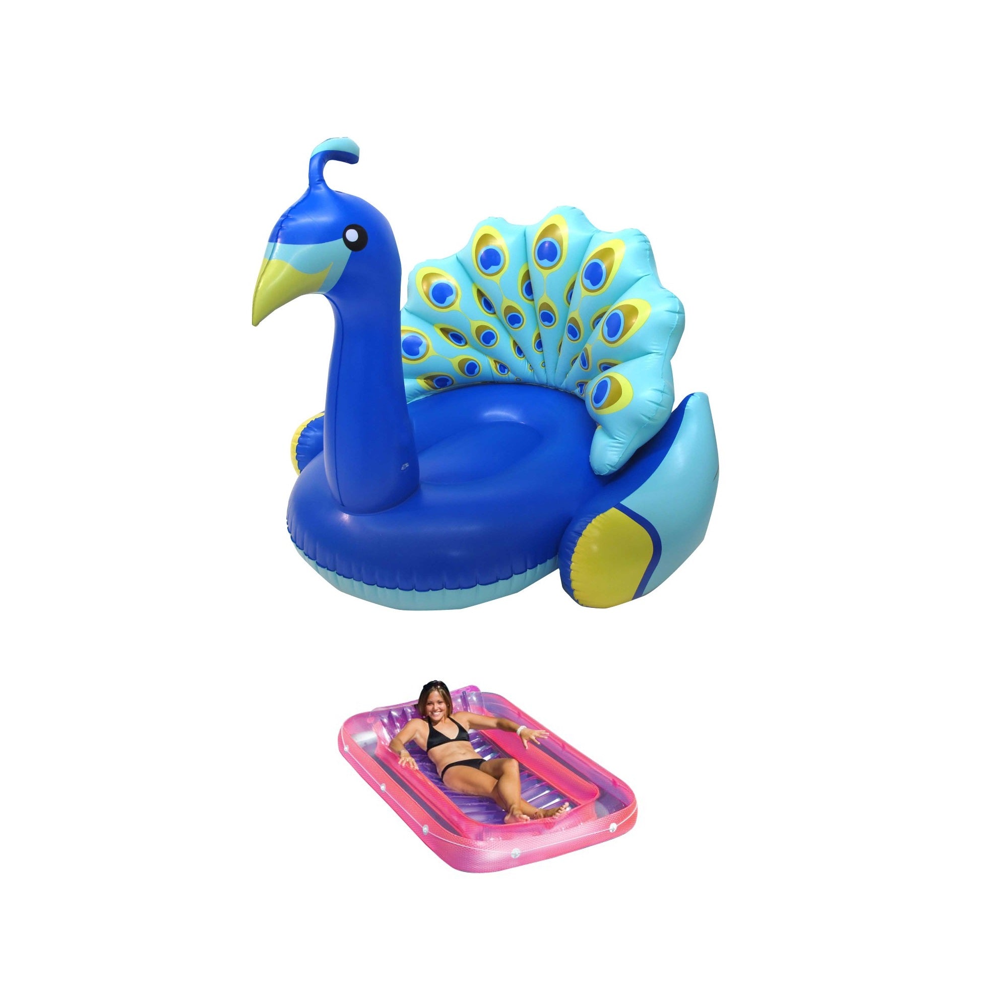 Swimline Giant Peacock Swimming Pool Float w/ Backrest & Pool Suntan Lounge Raft - VMInnovations