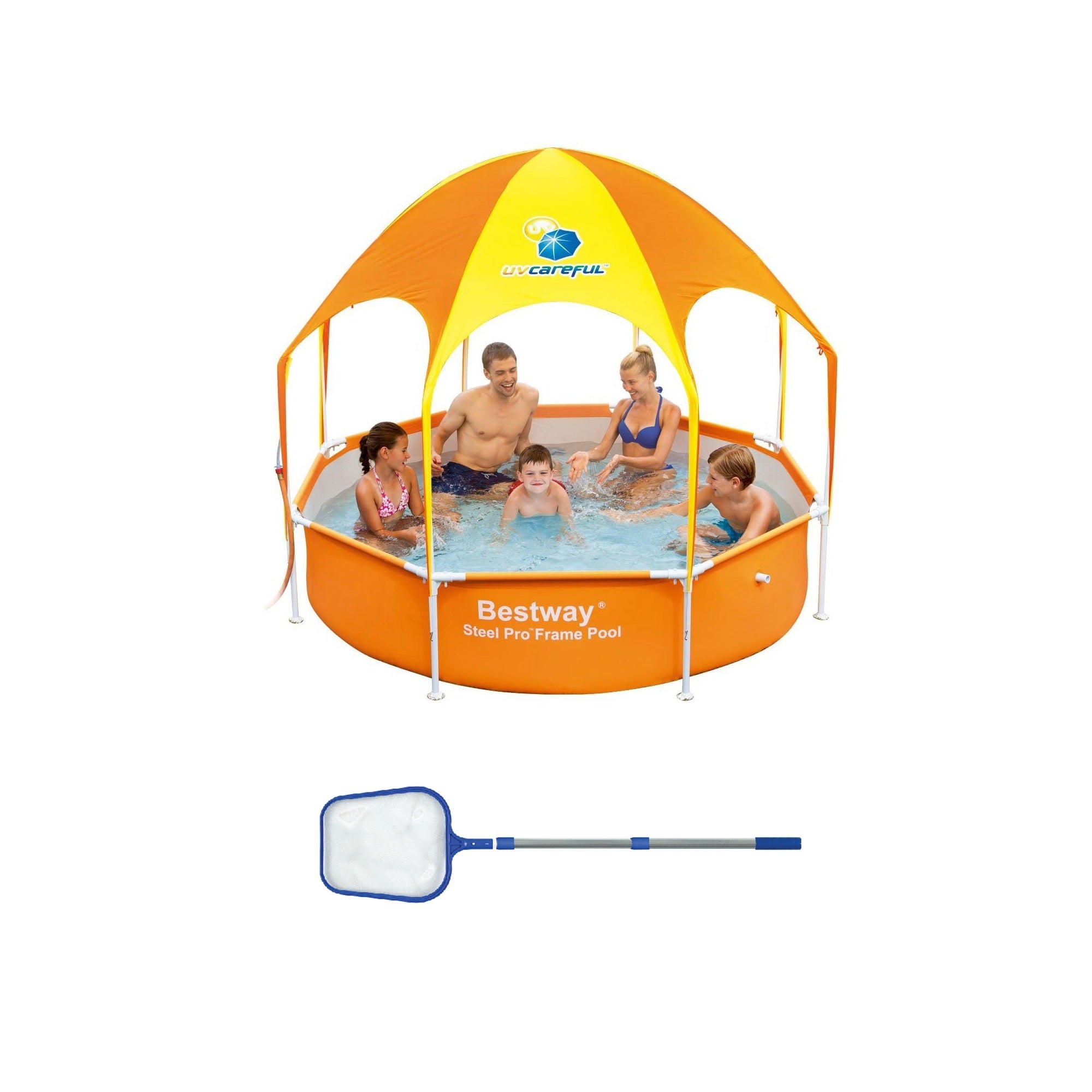 Bestway Kids Play Pool w/ UV Canopy and Swimline 4' Telescopic Pool Skimmer Net