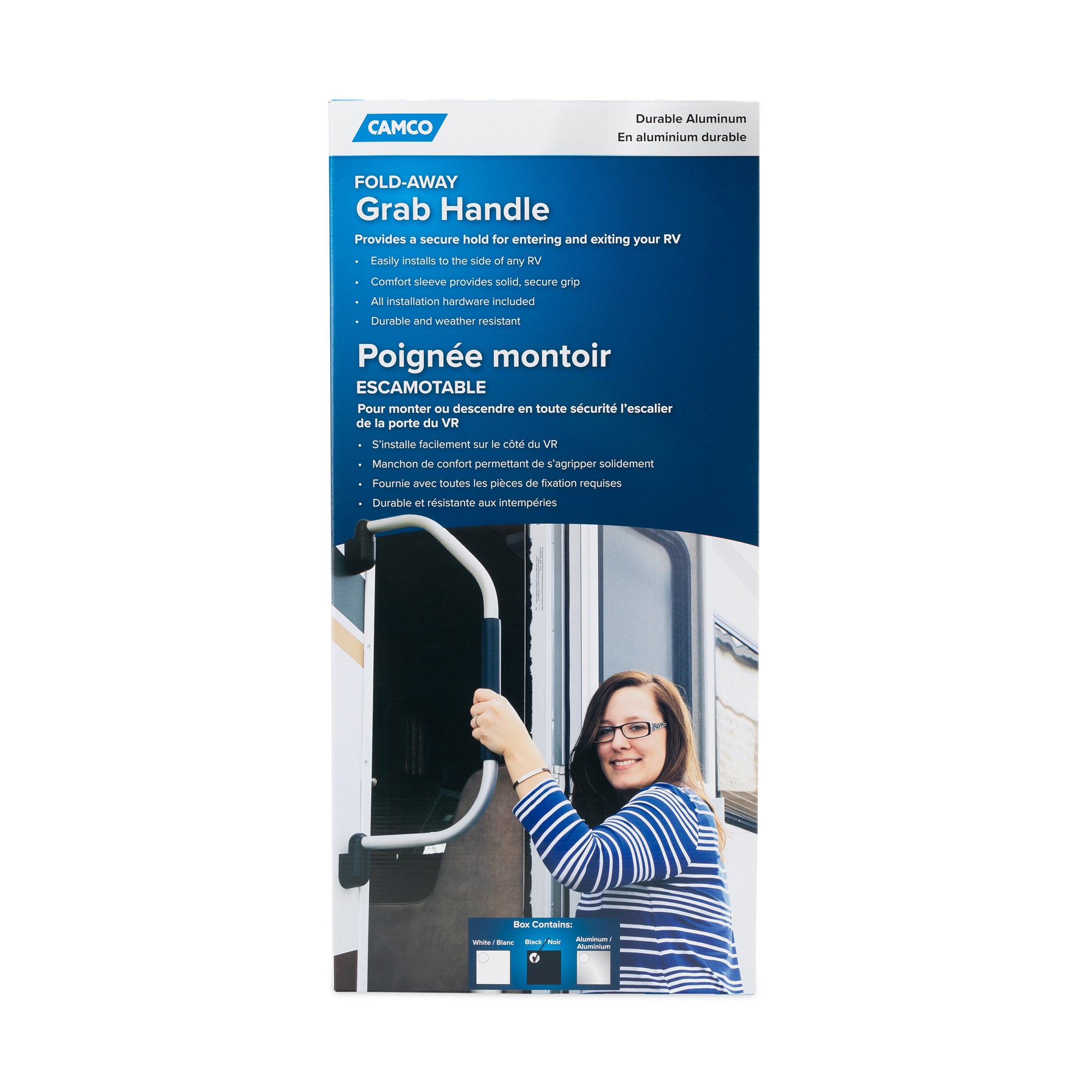 Camco Fold Away RV Grab Handle, Portable Safety Grip for RV, Black(Open Box) - VMInnovations