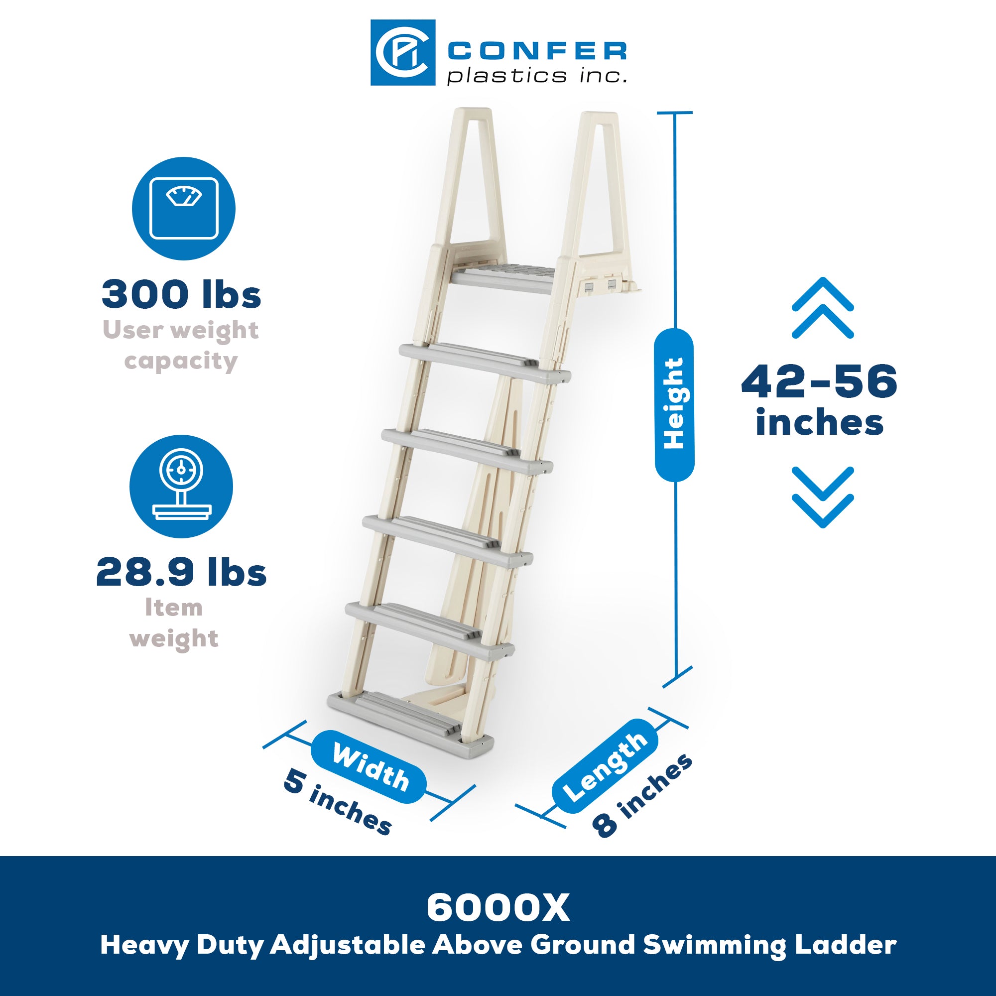 Confer Plastics 6000X Adjustable 46"-56"H Heavy Duty InPool Ladder (Open Box) - VMInnovations