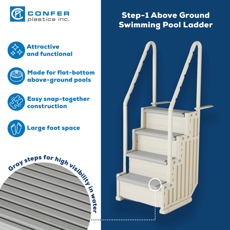Confer Plastics In-Pool 4 Step Ladder, Above Ground Swimming Pool Stairs, Gray