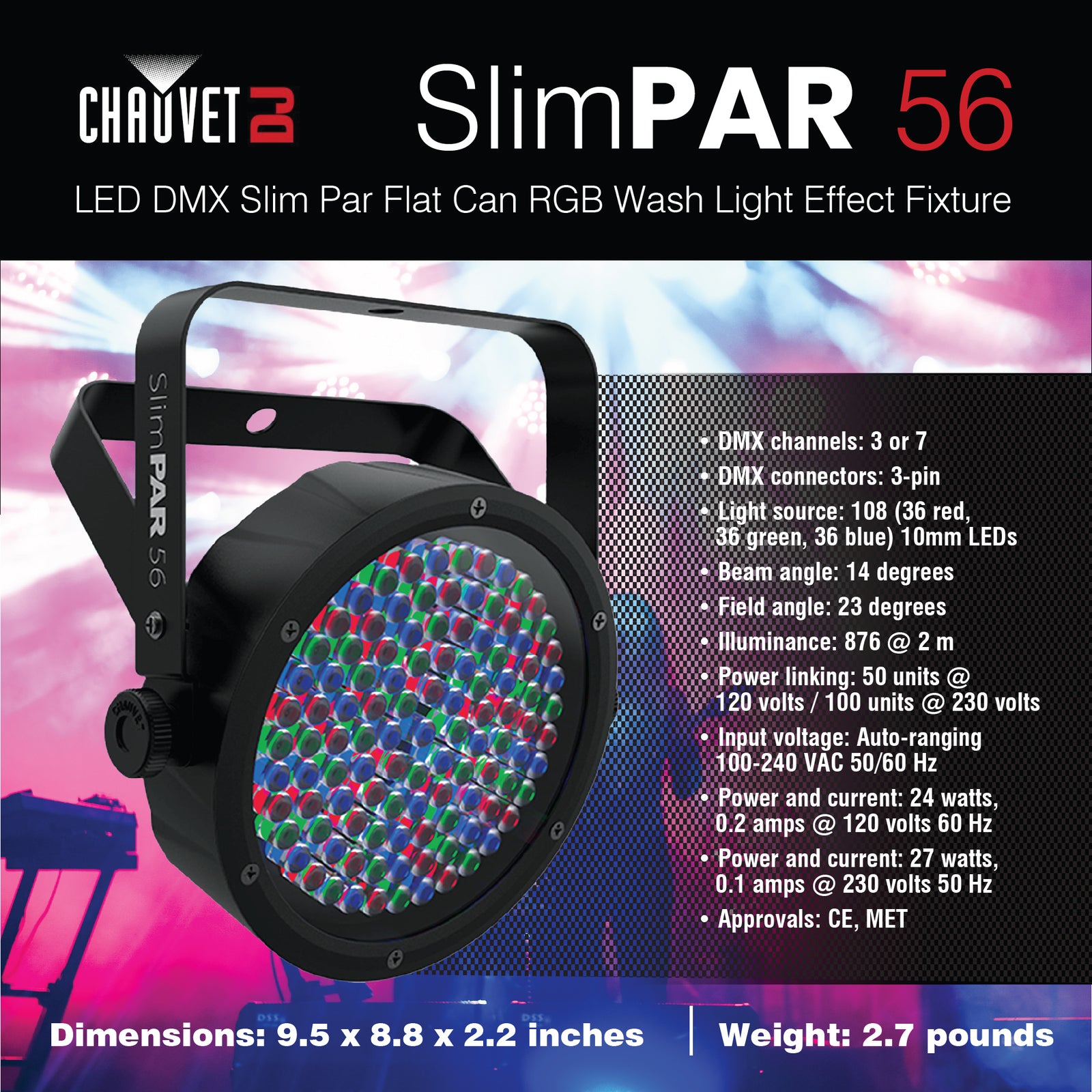 CHAUVET DJ SlimPar 56 LED DMX Slim Par Flat Can RGB Wash Light Effect Fixture - VMInnovations