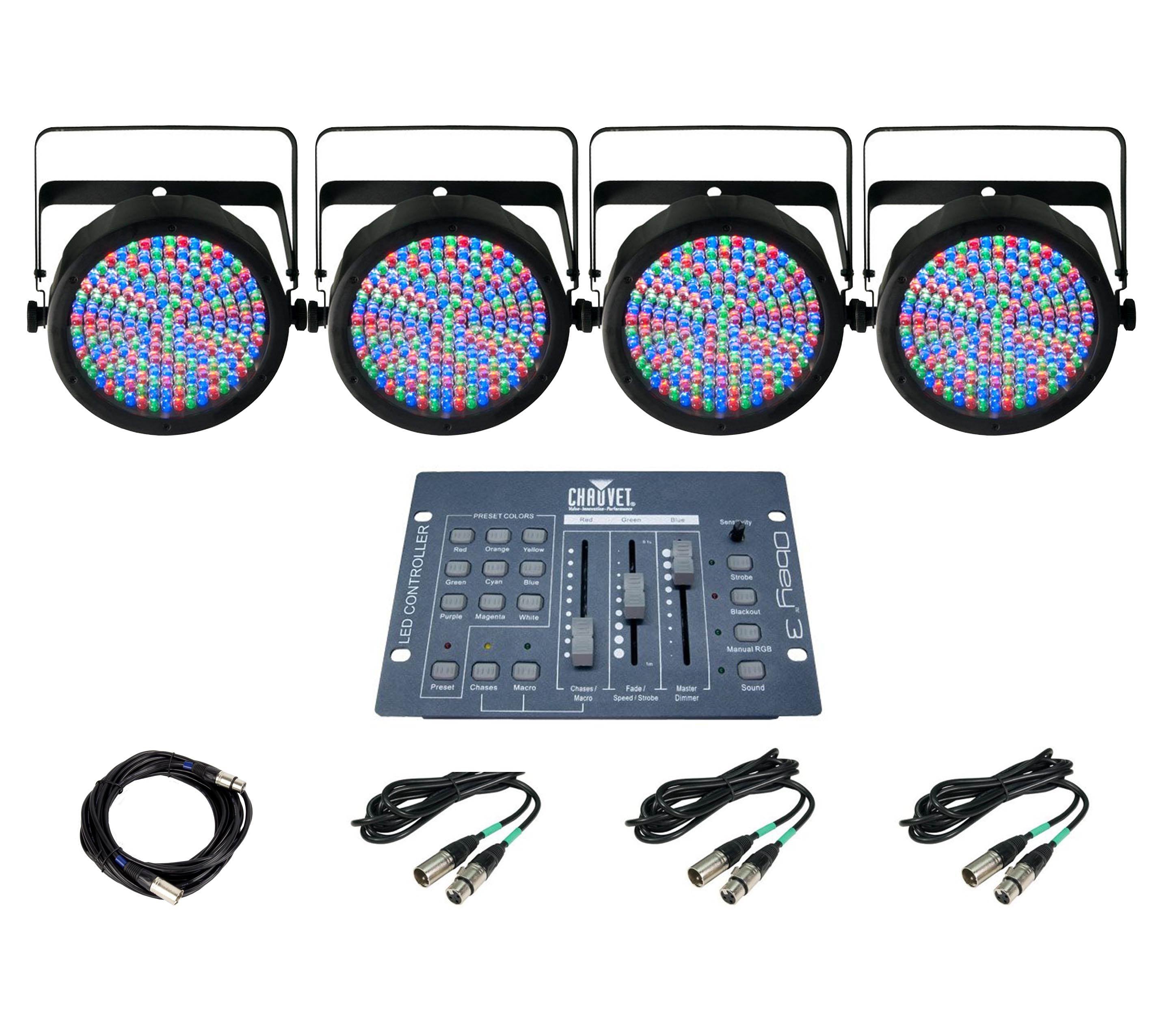 4) Chauvet DJ SlimPar 64 LED RGB Lights w/ Obey 3 Controller + DMX Light Cables