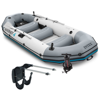 Intex Mariner 4 Inflatable Raft River/Lake Dinghy Boat Set & Motor Mount Kit - VMInnovations