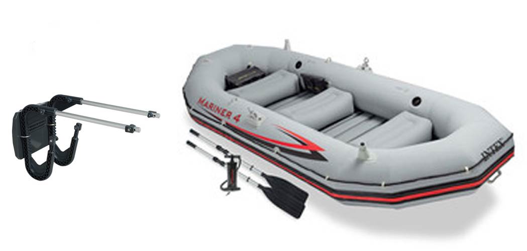 Intex Mariner 4 Inflatable Raft River/Lake Dinghy Boat Set & Motor Mount Kit - VMInnovations