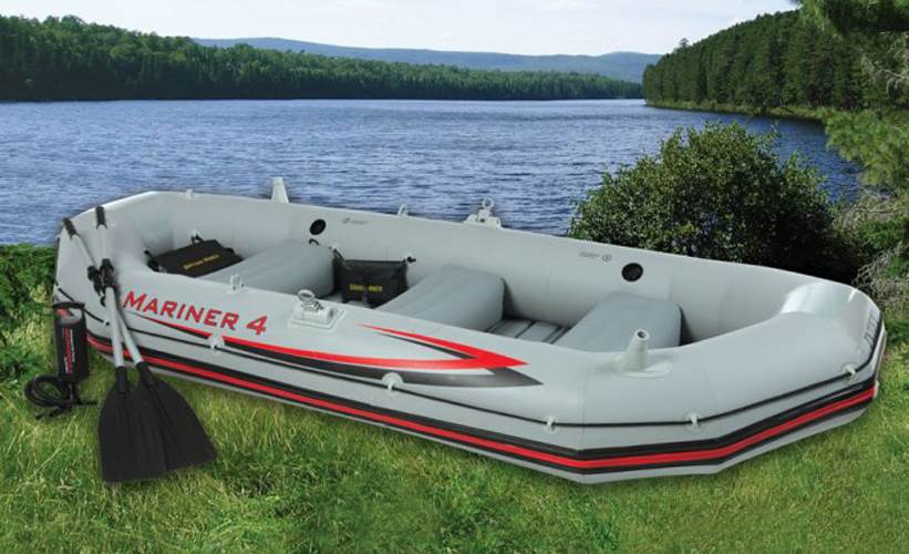 Intex Mariner 4 Inflatable Raft River/Lake Dinghy Boat Set & Motor Mount Kit - VMInnovations