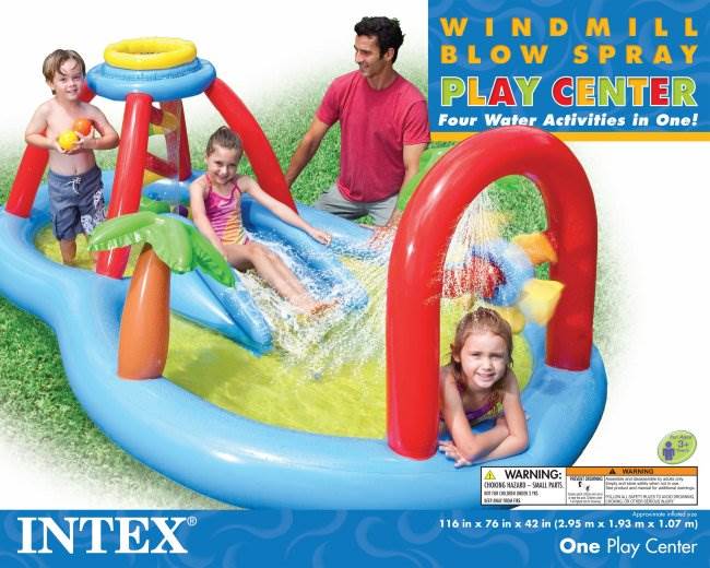 INTEX Windmill Blow Spray Play Center Kids Swimming Pool + Quick Fill Pump