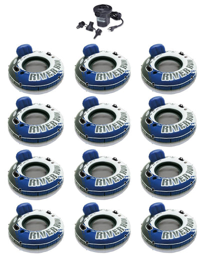 INTEX River Run I Inflatable Floating Tubes (Set of 12) & Quick Fill Air Pump
