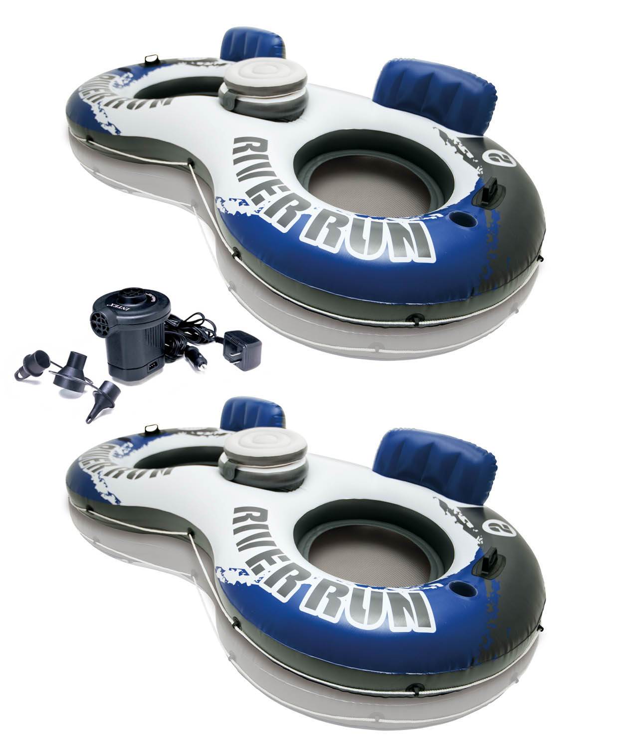 INTEX River Run II Water Tube Lounger w/ Cooler (Set of 2) & Quick Fill Air Pump