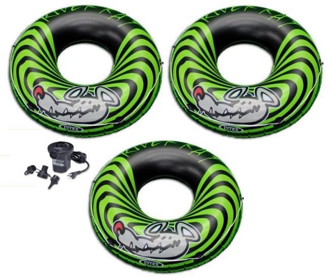 INTEX River Rat Inflatable Floating Tube Raft (Set of 3) & Quick Fill Air Pump