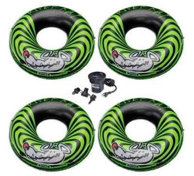 INTEX River Rat Inflatable Floating Tube Raft (Set of 4) & Quick Fill Air Pump