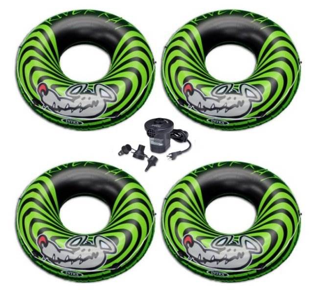 INTEX River Rat Inflatable Floating Tube Raft (Set of 4) & Quick Fill Air Pump