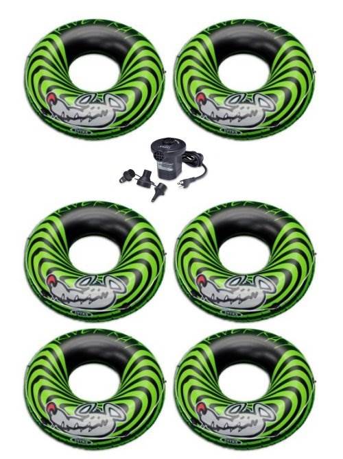 INTEX River Rat Inflatable Floating Tube Raft (Set of 6) & Quick Fill Air Pump