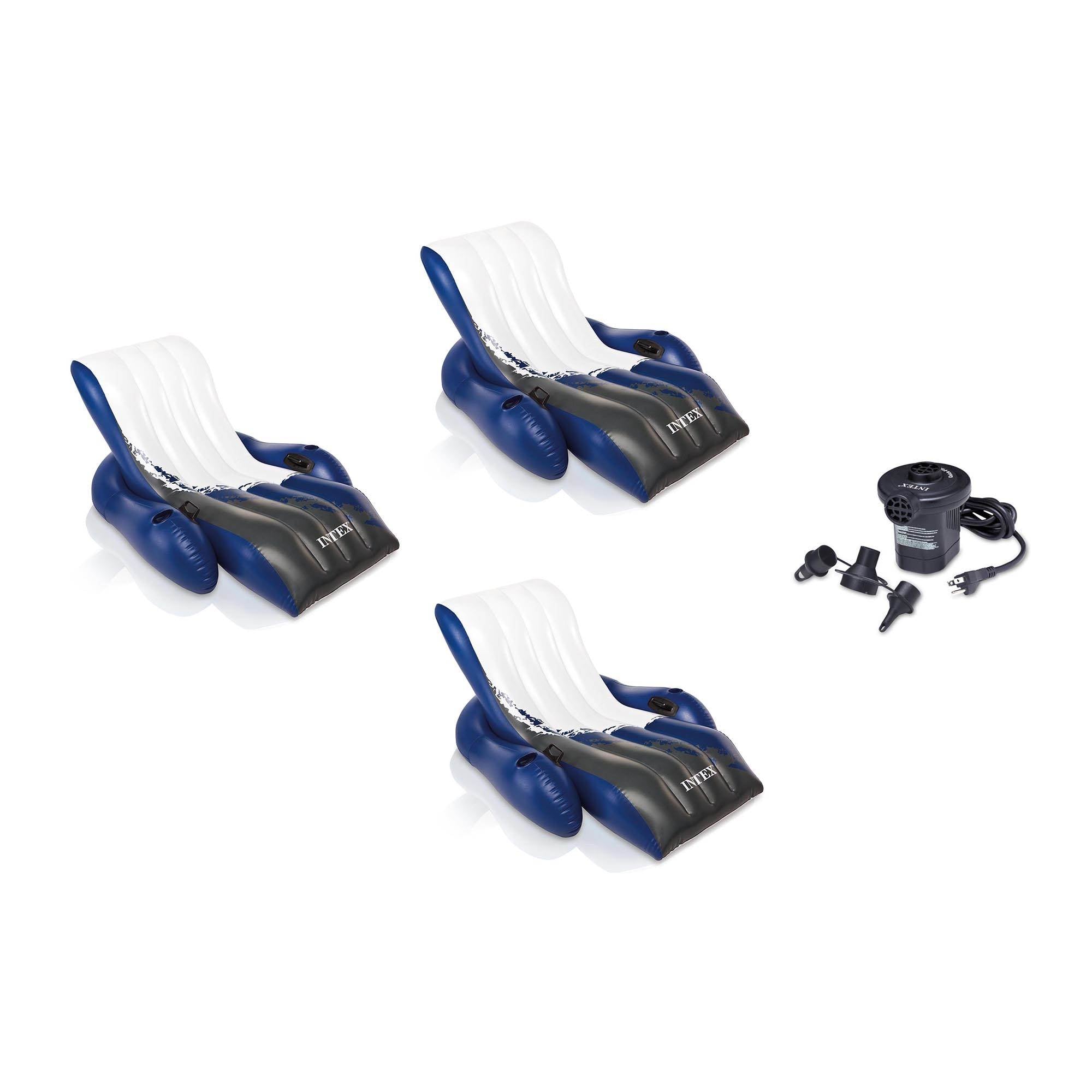 INTEX Floating Recliner Lounge w/ Cup Holders (3 Pack) & Quick Fill Air Pump
