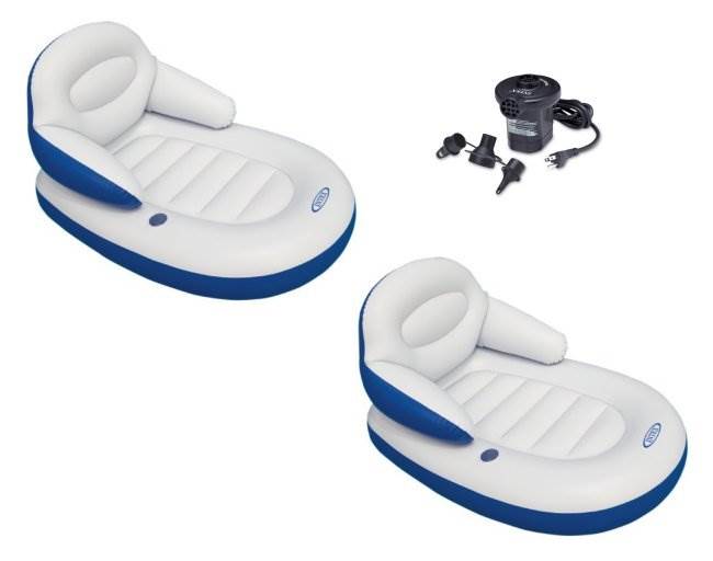 INTEX Comfy Cool Inflatable Floating Lounge Chair (2 Pack) & Quick Fill Air Pump
