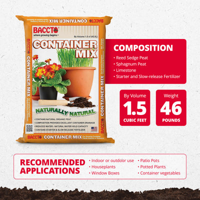 Michigan Peat Company BACCTO Container Planting Mix with Starter, 1.5 Cubic Feet - VMInnovations