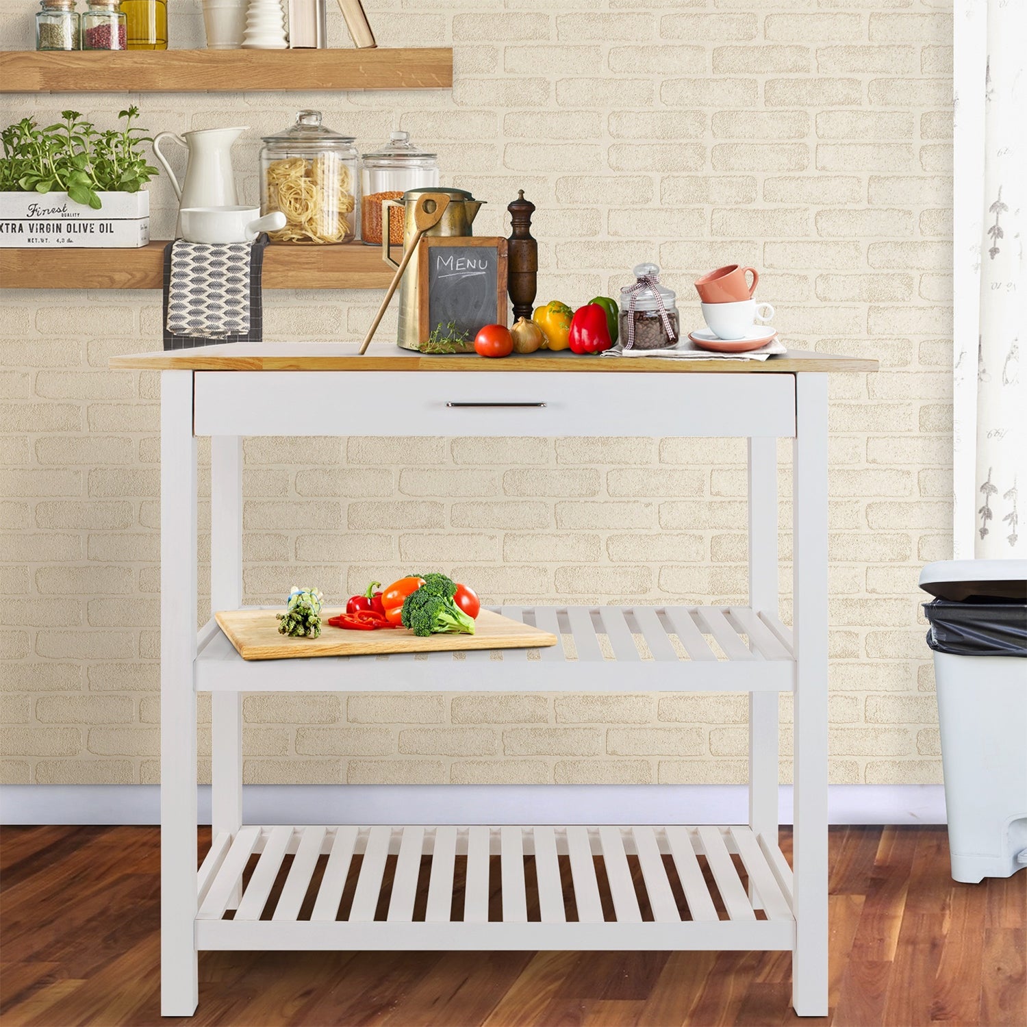 Casual Home Kitchen Island Bar Station with Hardwood Counter, White (Open Box) - VMInnovations