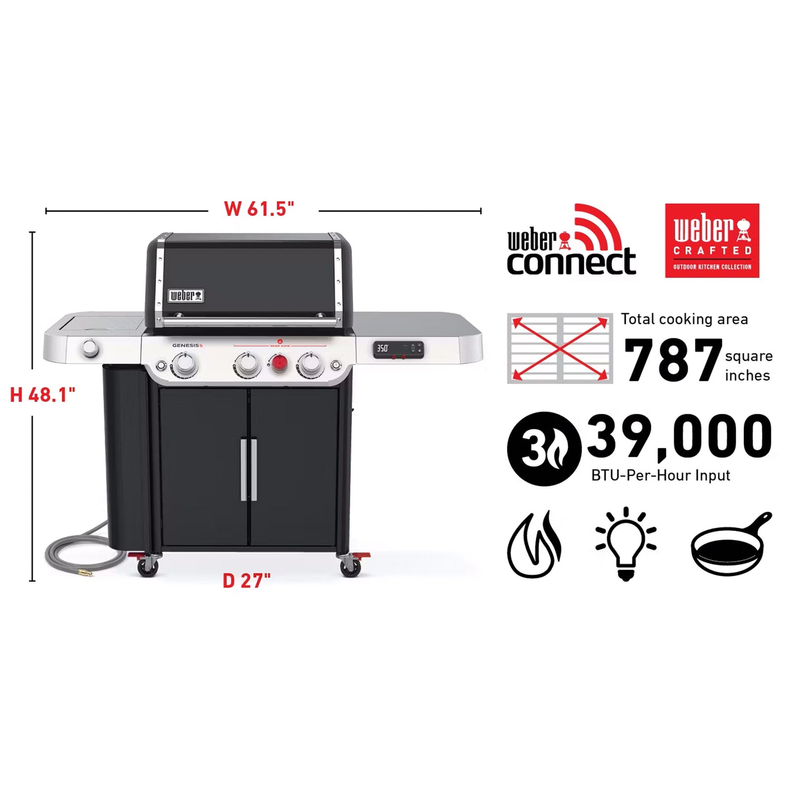 Weber Genesis EX-335 Outdoor 3 Burner Smart Natural Gas Barbecue Grill, Black - VMInnovations