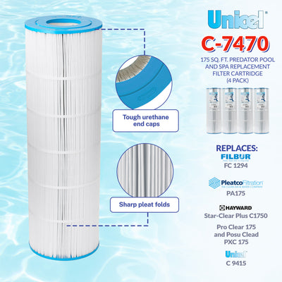 Unicel C-7470 Replacement 80 Sq Ft Pool Filter Cartridge, 170 Pleats (4 Pack) - VMInnovations