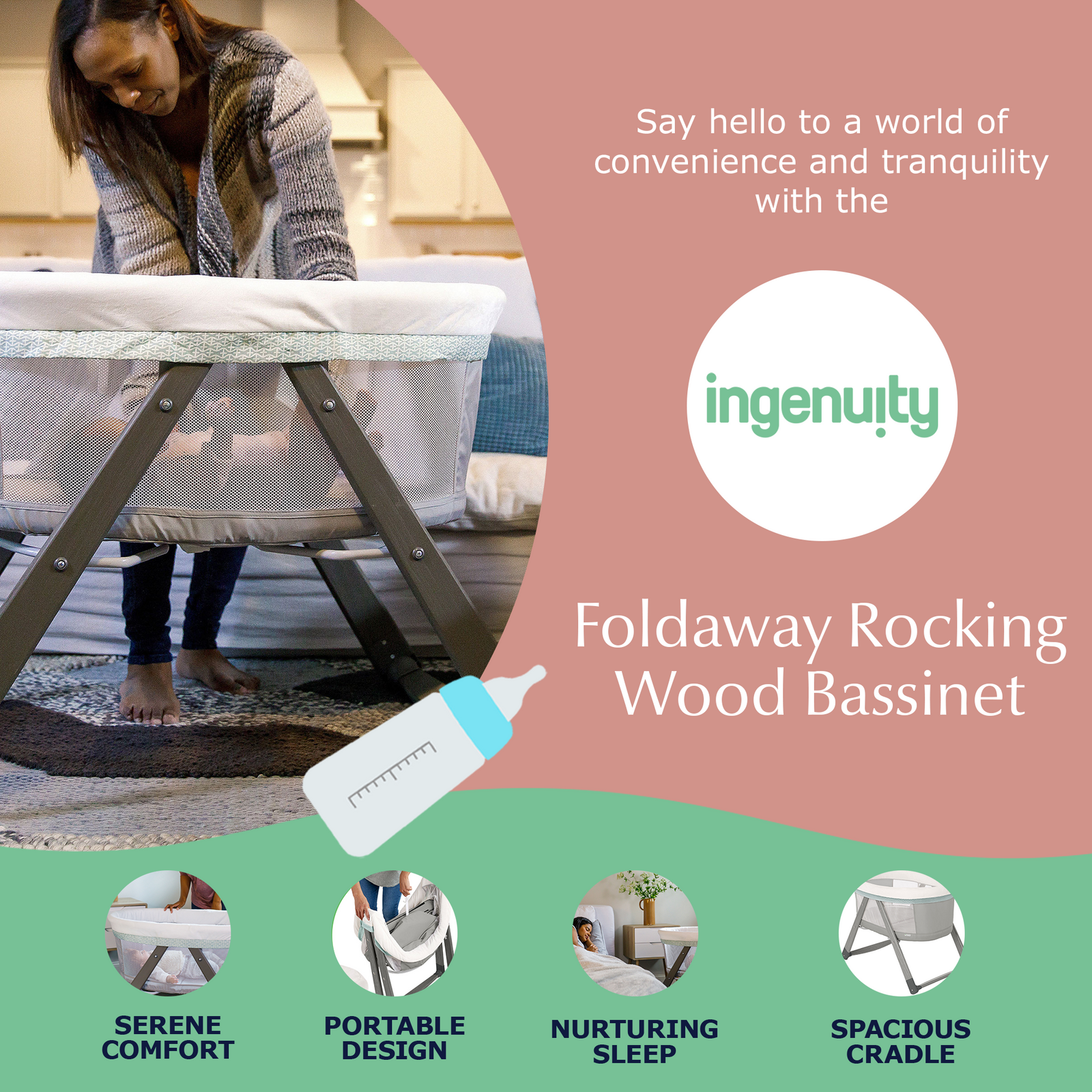 Ingenuity Foldaway Rocking Wood Frame Portable Folding Rocking Bassinet, Wallace - VMInnovations
