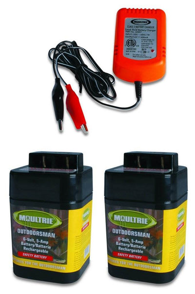 2 MOULTRIE 6 Volt Rechargeable Safety Feeder Batteries + 6 Volt Battery Charger