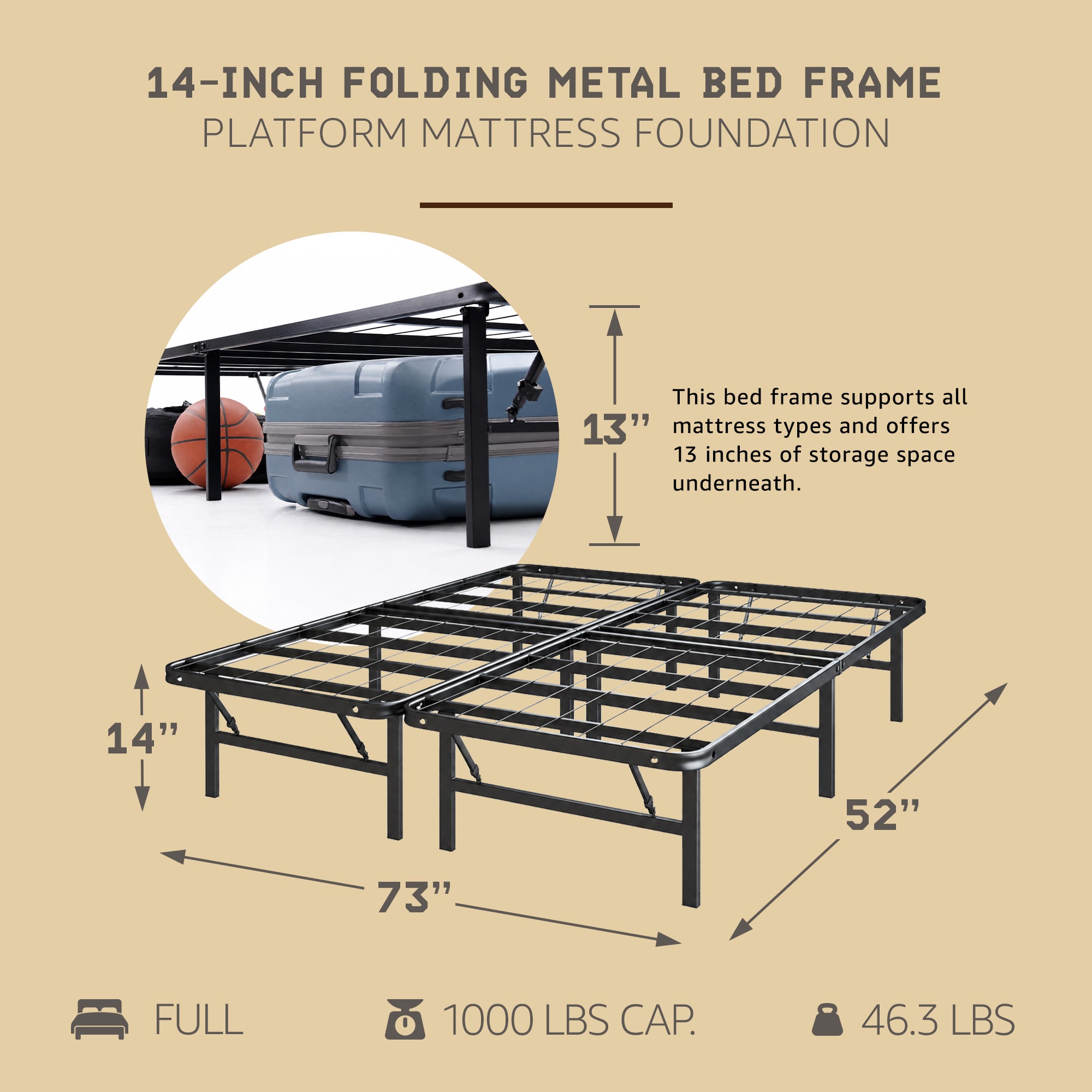 Hercules Folding Metal Bed Frame, 14 Inch Platform Mattress Foundation, Full - VMInnovations