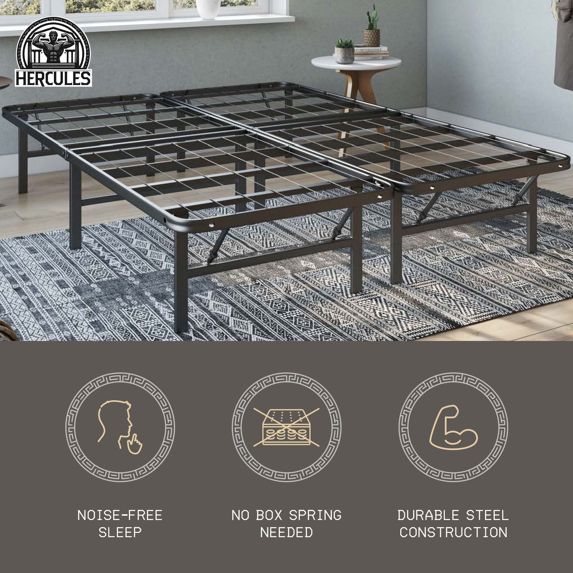 Hercules Folding Metal Bed Frame, 14 Inch Platform Mattress Foundation, Full - VMInnovations