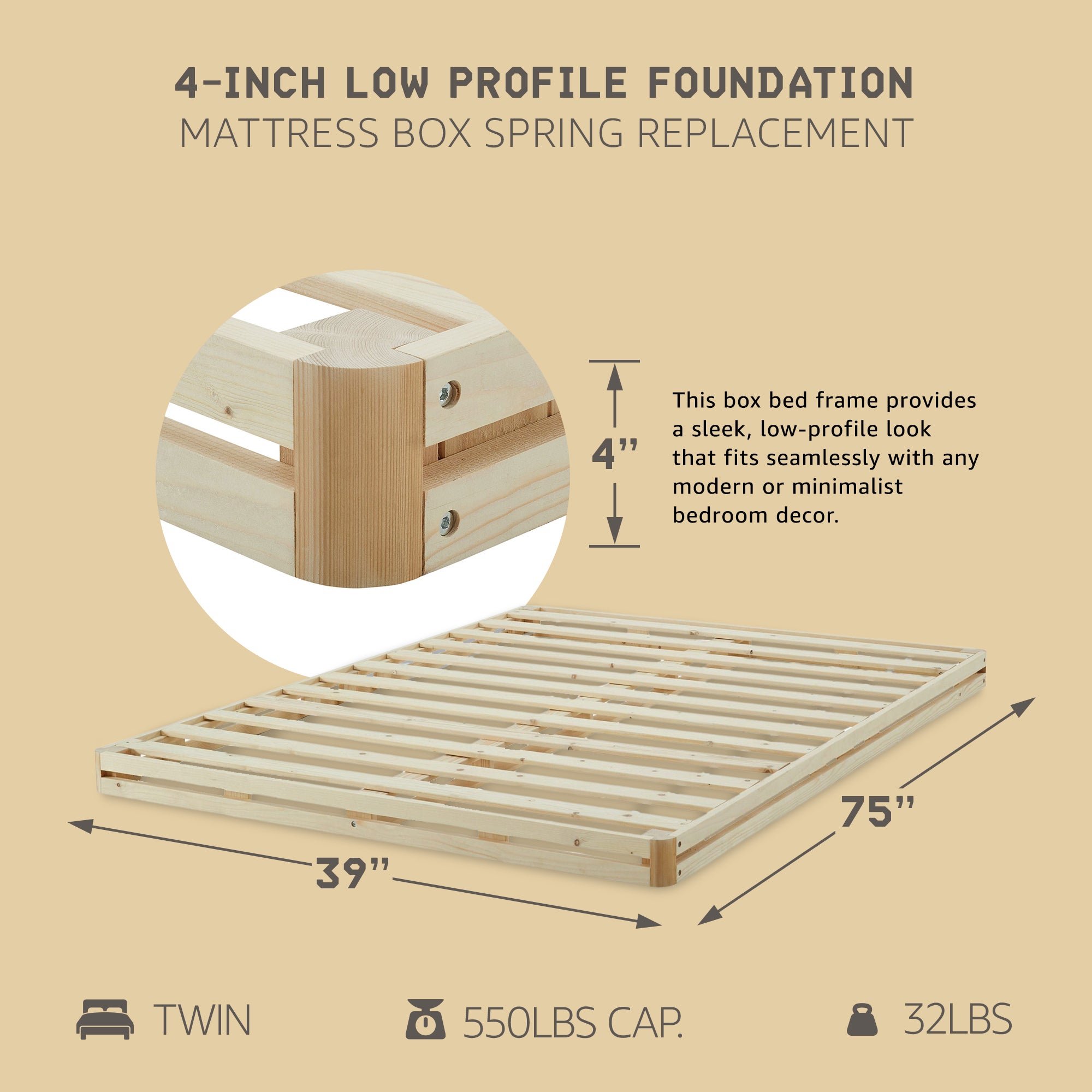Hercules 4 Inch Low Profile Foundation Box Spring Replacement, Twin (Open Box)