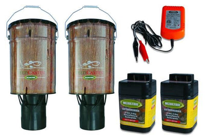 (2) MOULTRIE 6 Gallon Automatic Pond Fish Feeders + (2) 6V Batteries + Charger