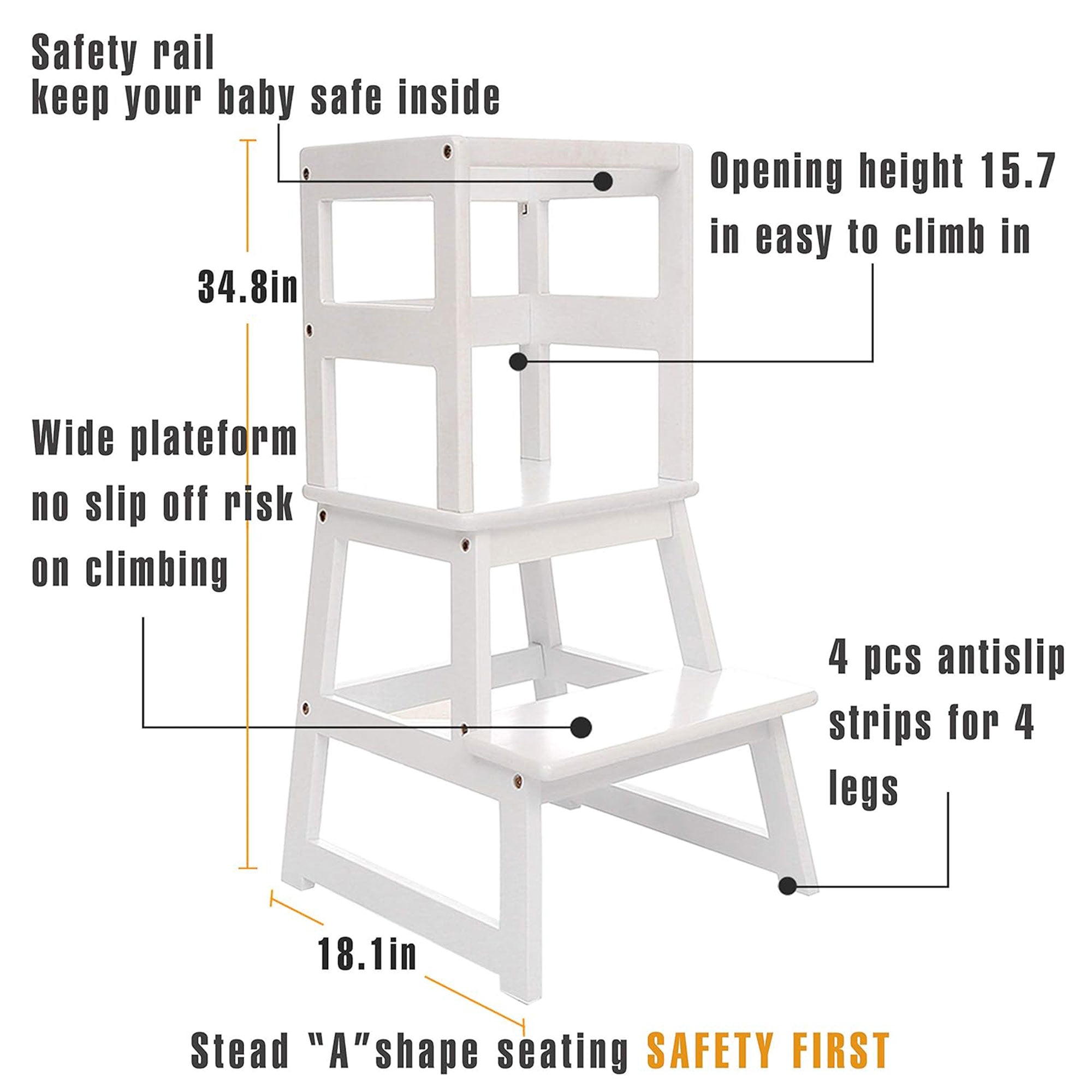 SDADI Kids Kitchen Step Stool Holds up to 150lbs with Safety Rail, White (Used)