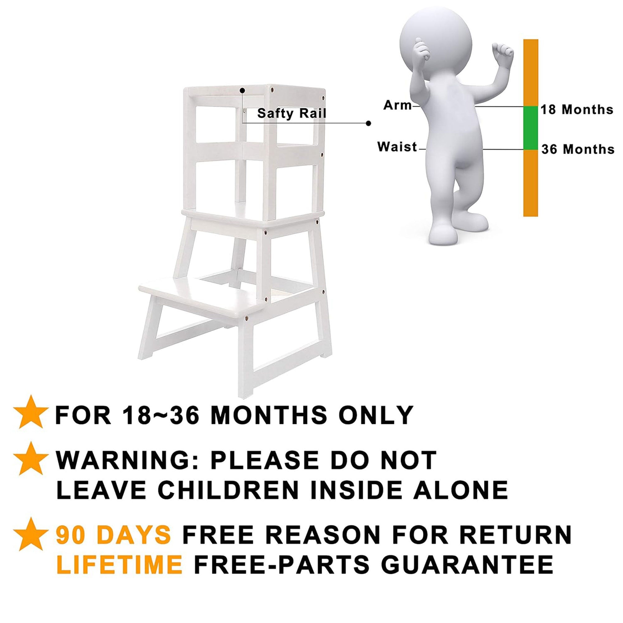 SDADI Kids Kitchen Step Stool, 150LBS cap. w/ Safety Rail, White (Open Box) - VMInnovations