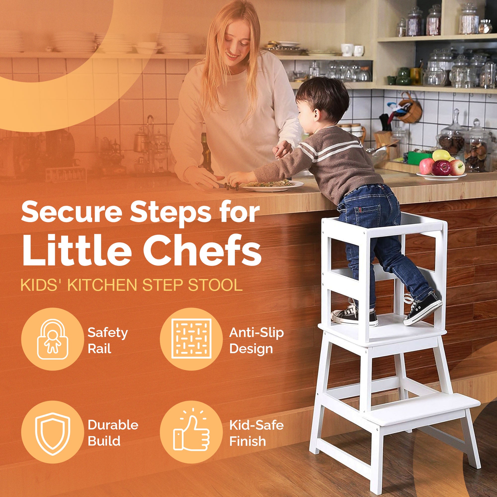 SDADI Kids Kitchen Step Stool, 150LBS cap. w/ Safety Rail, White (Open Box) - VMInnovations