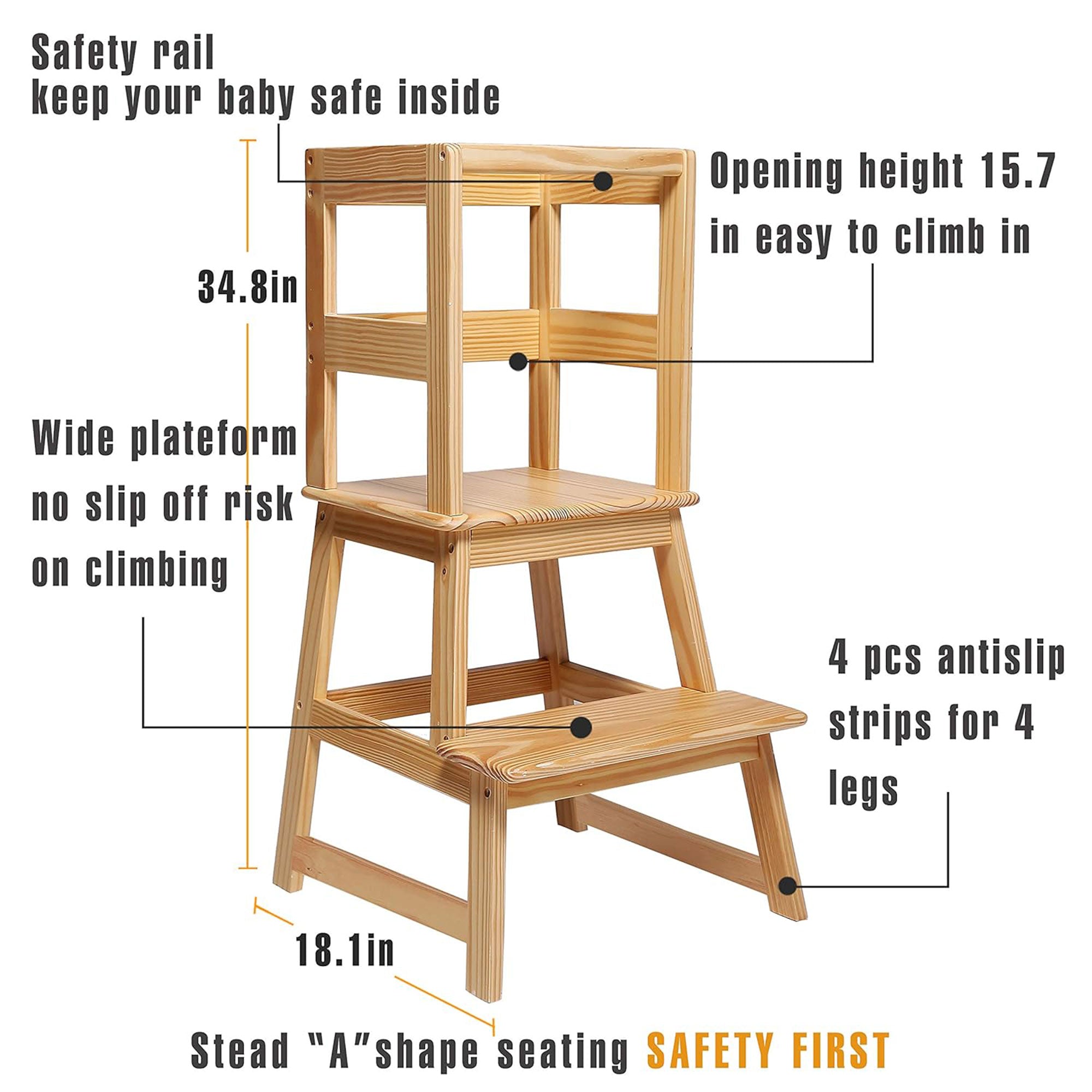 SDADI Kids Kitchen Step Stool Holds up to 150 Pounds w/Safety Rail,Natural(Used) - VMInnovations