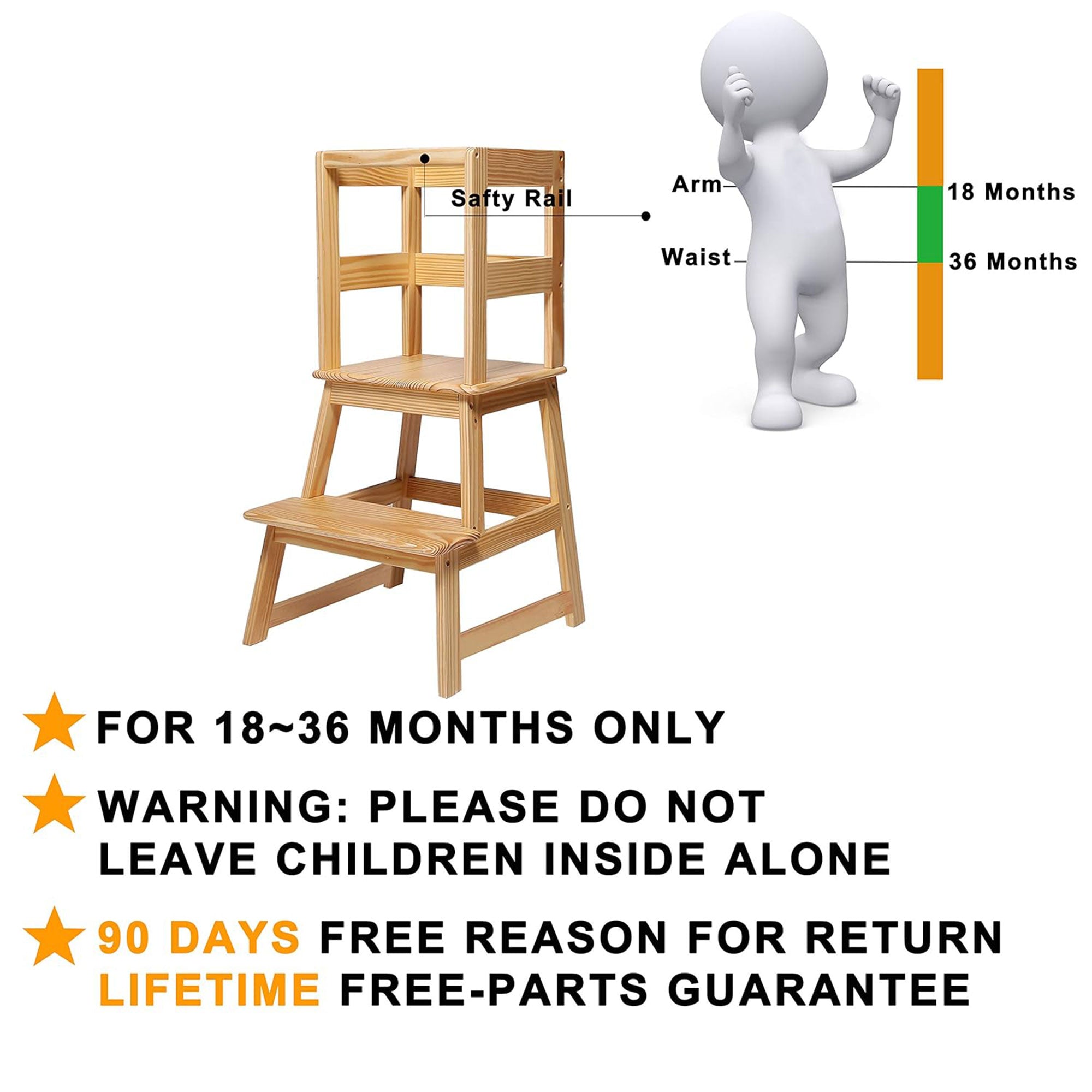 SDADI Kids Kitchen Step Stool Holds up to 150 Pounds with Safety Rail, Natural - VMInnovations