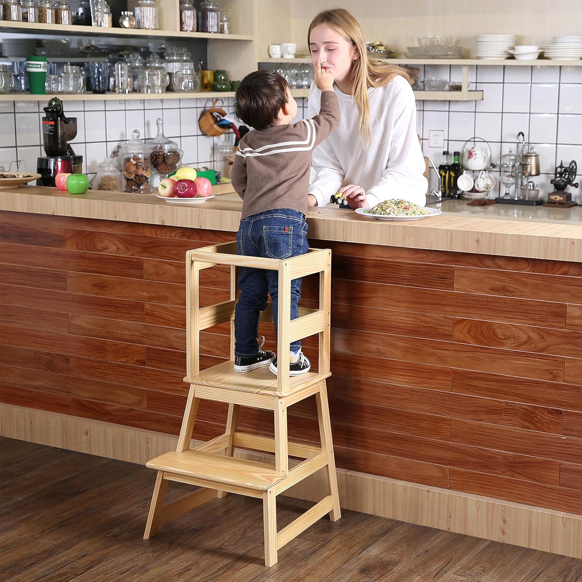 SDADI Kids Kitchen Step Stool Holds up to 150 Pounds with Safety Rail, Natural - VMInnovations