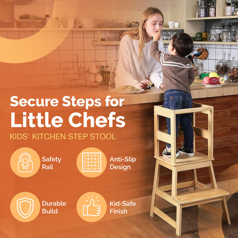 SDADI Kids Kitchen Step Stool Holds up to 150 Pounds with Safety Rail, Natural