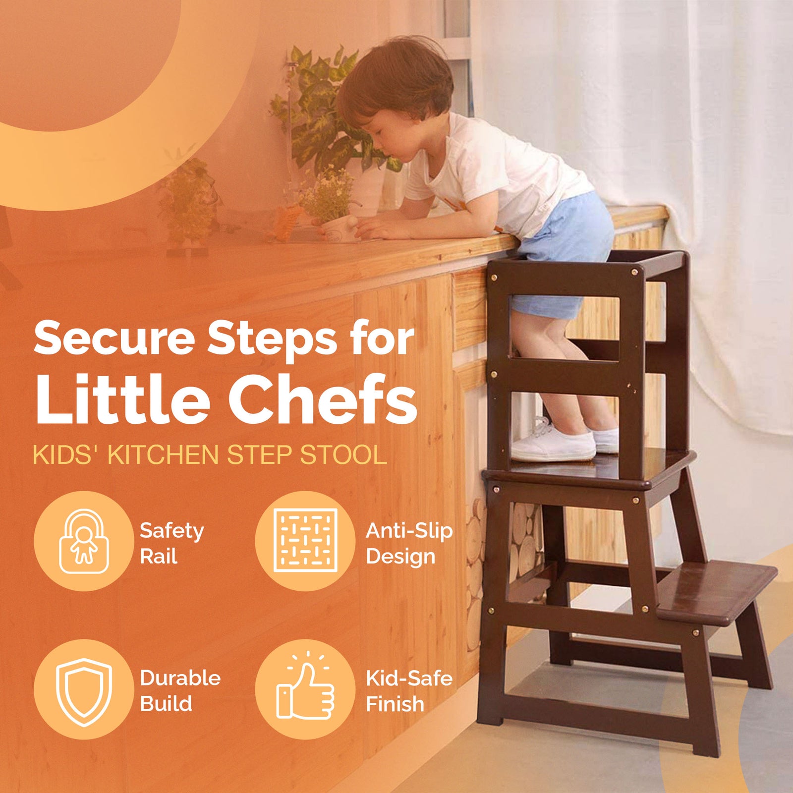 SDADI Kids Kitchen Step Stool Holds up to 150 Pounds with Safety Rail, Espresso - VMInnovations