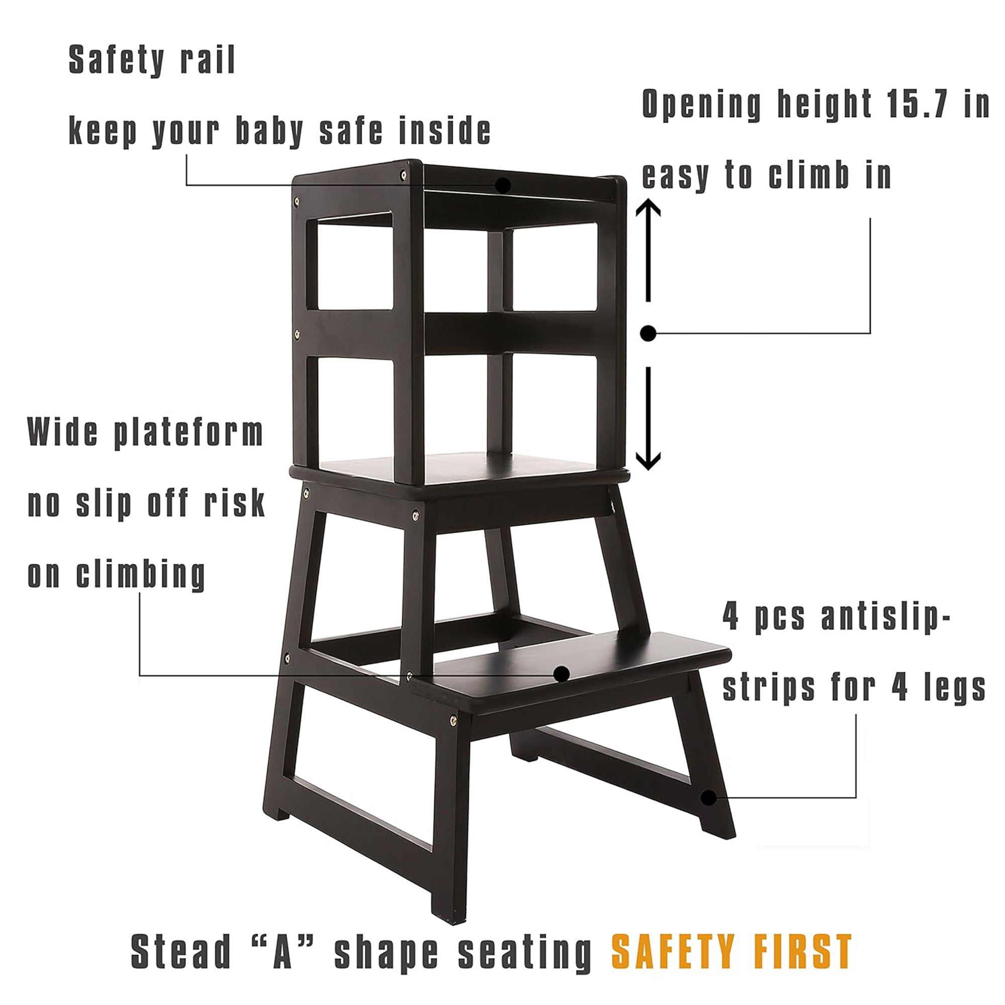 SDADI Kids Kitchen Step Stool Holds up to 150lbs with Safety Rail, Black (Used) - VMInnovations