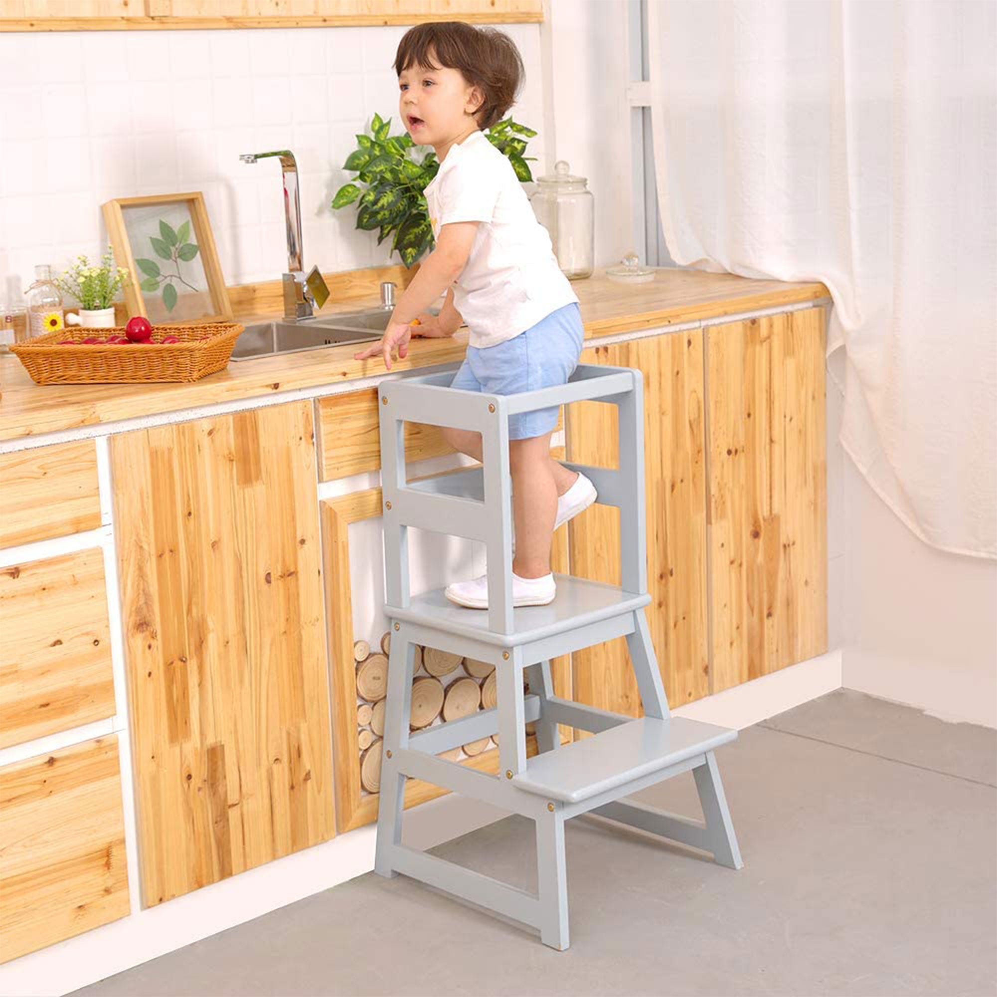 SDADI Kids Kitchen Step Stool Holds up to 150 Pounds with Safety Rail, Gray - VMInnovations