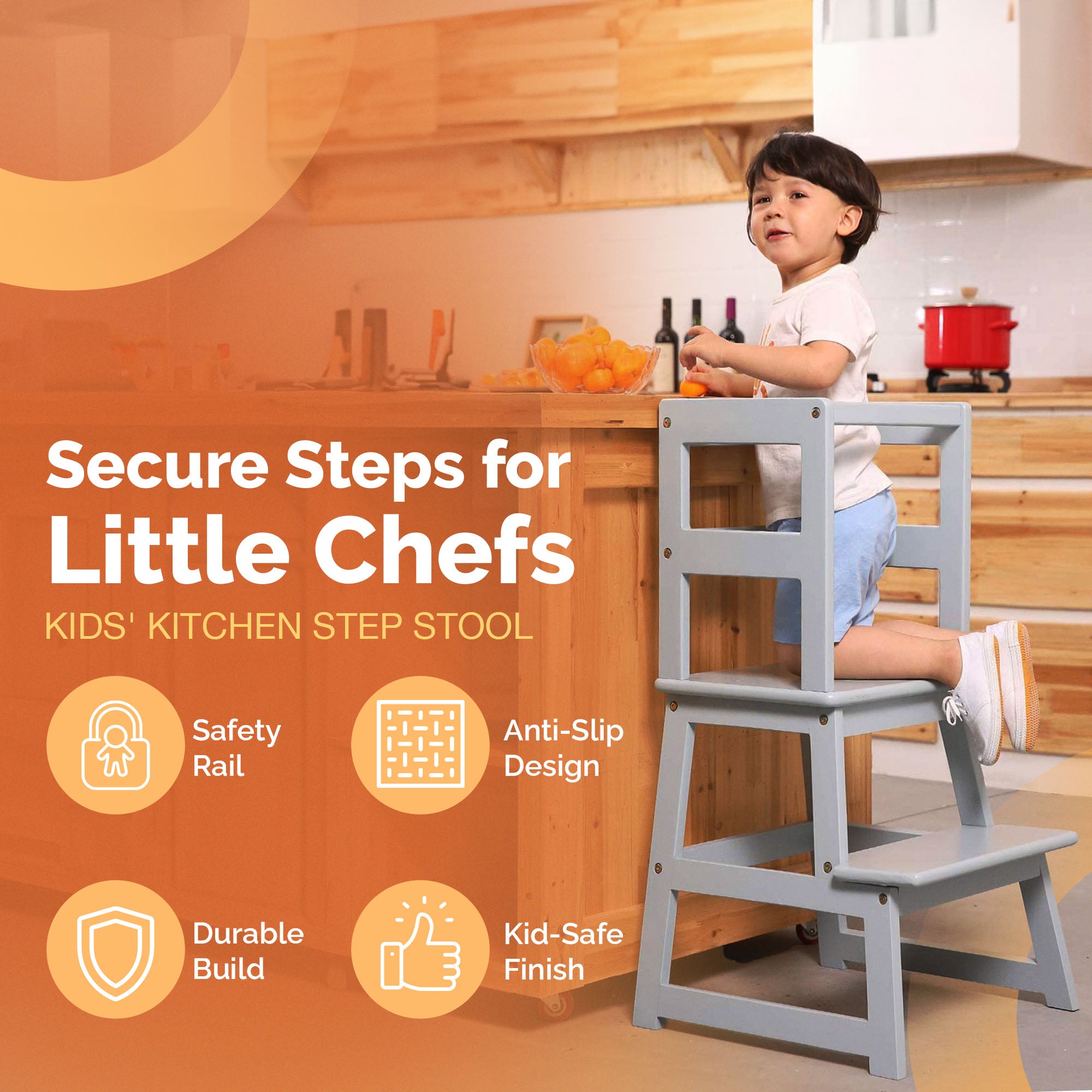 SDADI Kids Kitchen Step Stool Holds up to 150 Pounds with Safety Rail, Gray - VMInnovations