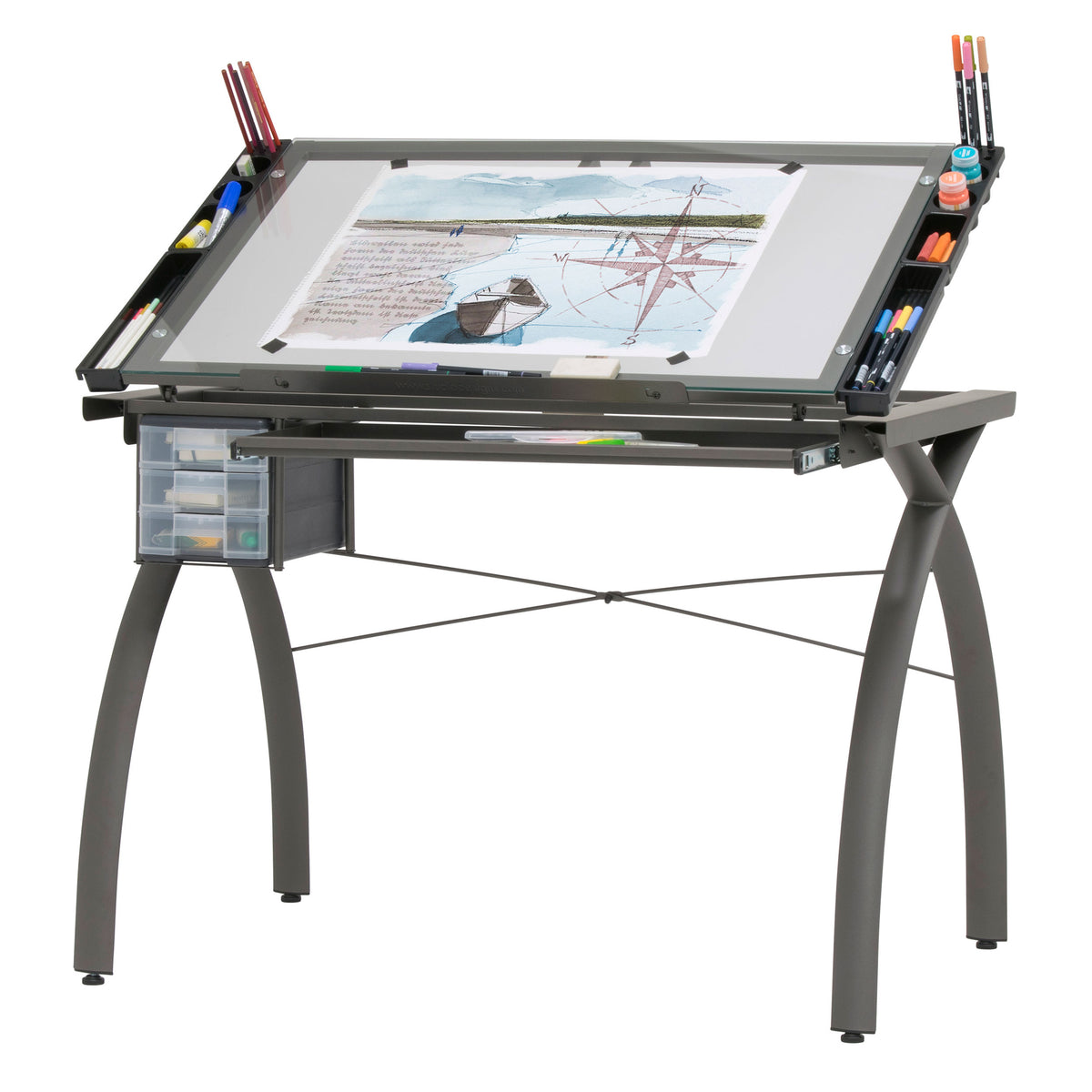 SD Studio Designs Futura  Metal and Glass Desk, Pewter / Clear Glass (Open Box)
